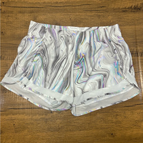 Athleta Mesh Racer Run Short in the "Iridescent Marble Glitch Rainbow" M - Picture 4 of 15